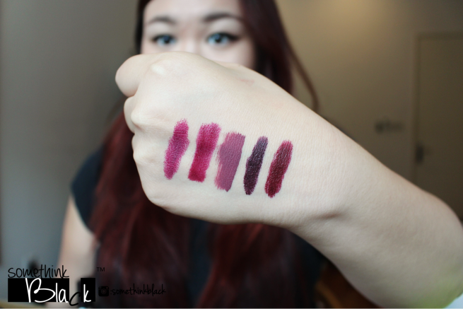Swatches L-R: Rimmel's Cutting Edge, OCC Lip Tar in Black Dahlia, Sephora Cream Lip Stain in 04 Endless Purple, Topshop Lip Bullet in Bewitched, Topshop Lip Bullet in Wine Gum